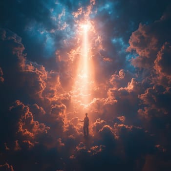 A lone figure illuminated by a radiant vertical light beam breaking through dramatic clouds, evoking a surreal and spiritual atmosphere.