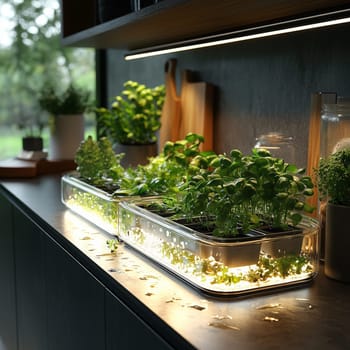 Fresh herbs growing in illuminated containers on a modern kitchen counter, featuring basil, parsley, and other greens under LED lights.