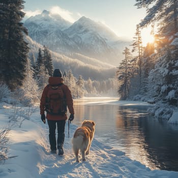 A hiker with a dog walking on a snowy path by a river in a forested mountain landscape at sunrise during winter.