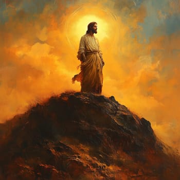 A serene figure in flowing robes stands on a rocky hill, illuminated by a radiant golden glow and surrounded by dramatic sunset clouds.