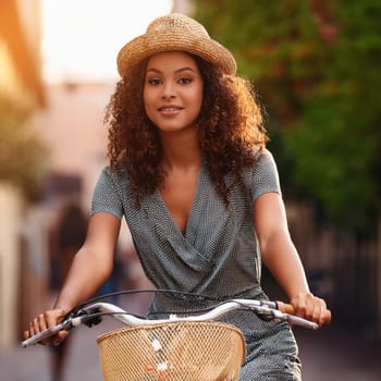 pretty young woman on a bicycle, AI generated image
