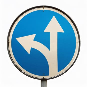 mandatory turn left or go ahead street sign, AI generated image