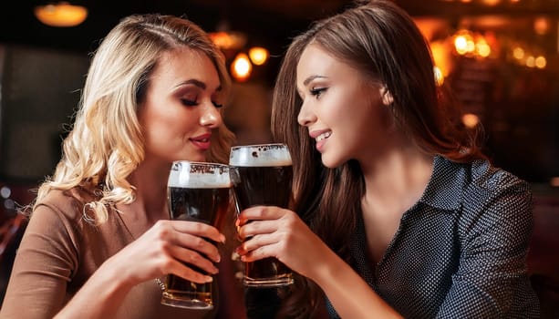 two beautiful female friends drinking beer at the pub, AI generated image