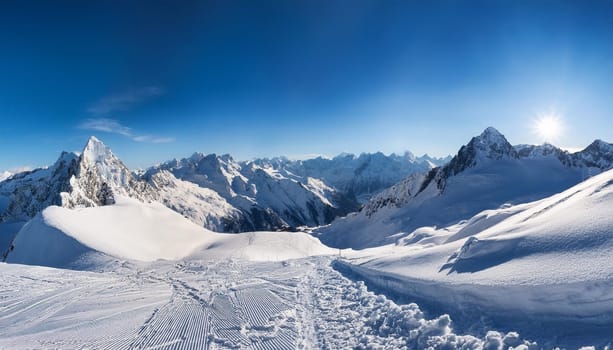 winter alpine panorama scene with snow, AI generated image
