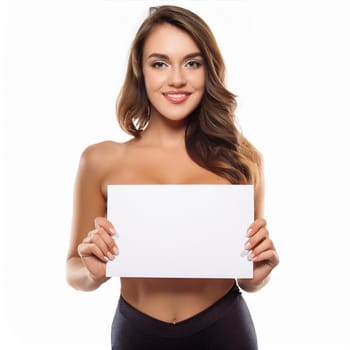 pretty young woman holding blank sheet of paper with copy space, AI generated image