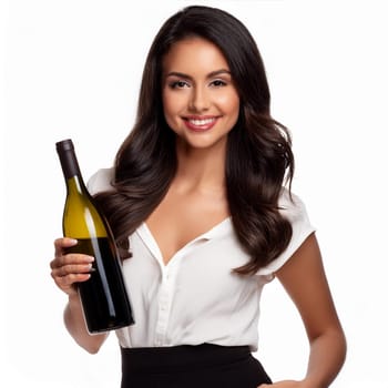 pretty young woman holding bottle of red wine, AI generated image