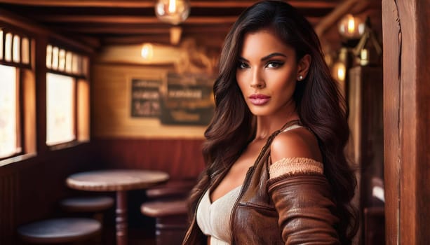 pretty young woman in old wild west saloon, AI generated image