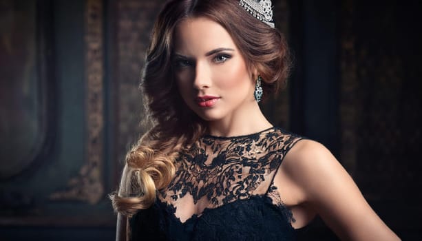 pretty young woman in black lace dress, AI generated image