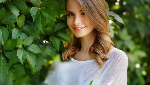 pretty young woman over lush foliage, AI generated image