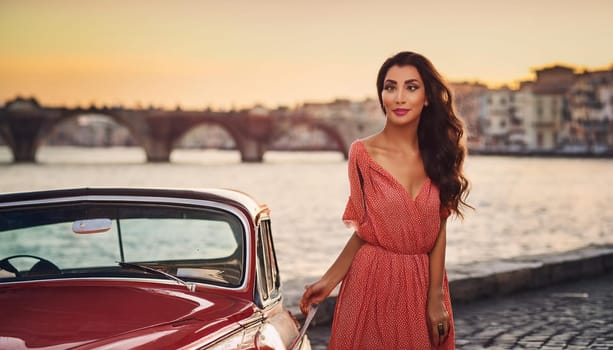 pretty young woman by ancient car, AI generated image