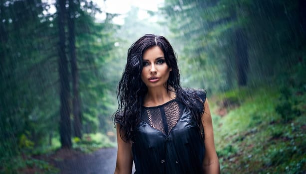 pretty young goth woman in the forest under the rain, AI generated image