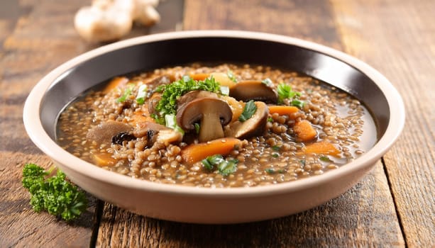 lentil soup with quinoa and mushrooms vegetarian food, AI generated image