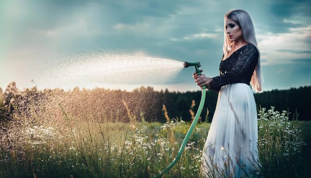 pretty young woman watering garden meadow, AI generated image