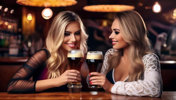 two beautiful female friends drinking beer at the pub, AI generated image