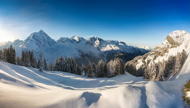winter alpine panorama scene with snow, AI generated image
