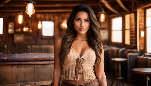 pretty young woman in old wild west saloon, AI generated image