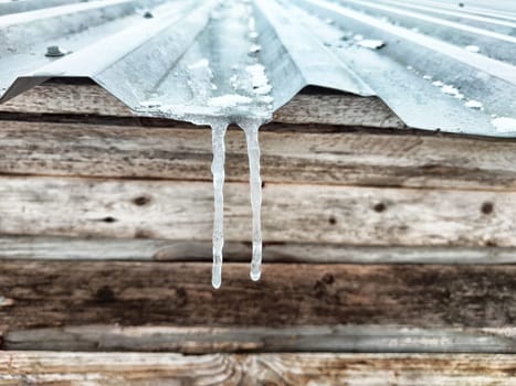 Icicles hang perilously from a sloping metal roof, highlighting winter snow accumulation and potential hazards.