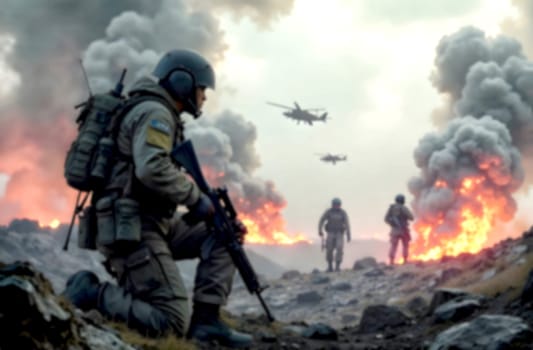 Soldiers engage in military operations surrounded by explosions and smoke, highlighting the intensity of modern warfare.. Blurred picture
