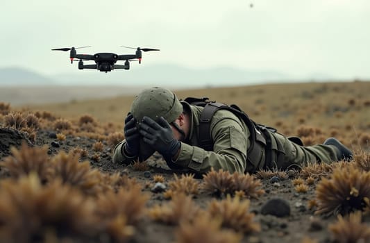 A soldier lies on the ground with hands over his head, while a drone hovers above, showcasing the threat of guided machines in combat.