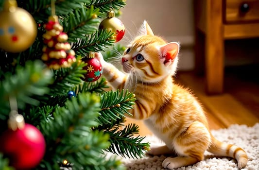 A ginger kitten playfully interacts with colorful ornaments on a Christmas tree in a cozy indoor setting filled with holiday cheer.
