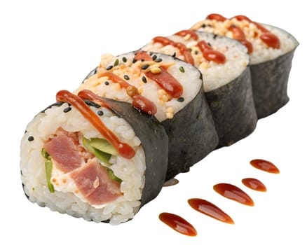 Spicy Tuna Roll with Creamy Cheese, Avocado, Sesame and Drizzle Sauce, isolated on white background.
