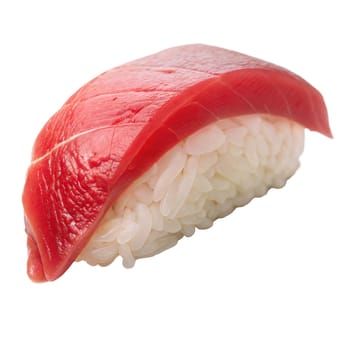 Close-up shot of fresh tuna nigiri, isolated on white background. Perfect for sushi, Japanese cuisine, seafood photography, and culinary delights.