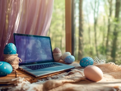 A laptop on a wooden table surrounded by beautifully decorated Easter eggs, soft fabrics, and natural light from a window overlooking a forest, creating a peaceful spring atmosphere.