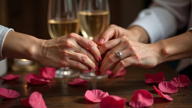A romantic moment captured as a couple holds hands with wedding rings, set against a wooden table adorned with rose petals, candles, and champagne glasses. High quality photo