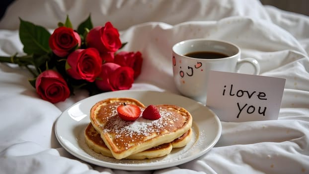 A delightful breakfast in bed featuring heart-shaped pancakes, a bouquet of fresh flowers, and a handwritten card. High quality photo