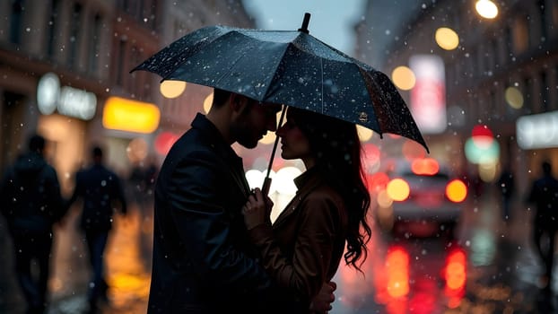 Raindrops and romance as a couple shares a warm hug beneath an umbrella, glowing city lights in the background. High quality photo