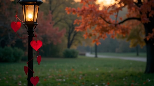 Romantic charm fills the air as red heart decorations dangle from a park lamp surrounded by snowy trees. High quality photo