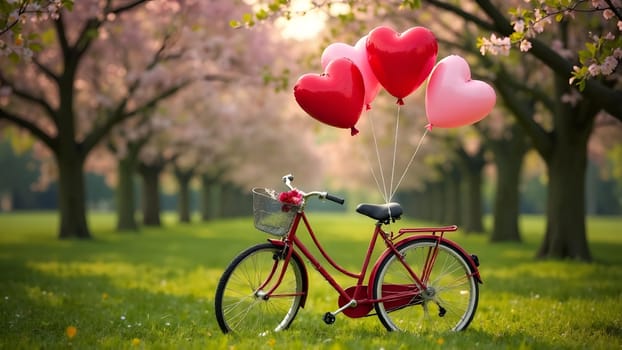 Heart-shaped balloons tied to a vintage bicycle sit beneath blossoming trees, creating a whimsical and romantic spring scene. High quality photo