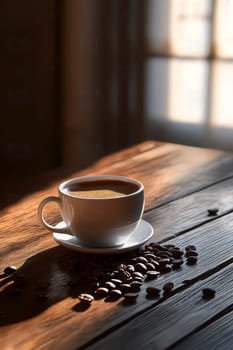 Coffee cup and coffee beans on table, Generative AI, drink