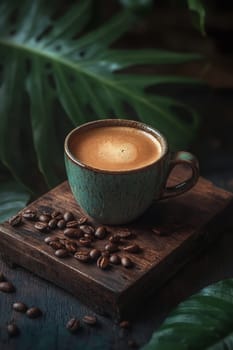 Coffee cup and coffee beans on table, Generative AI, drink