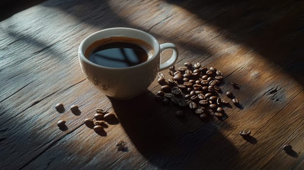 Coffee cup and coffee beans on table, Generative AI, drink