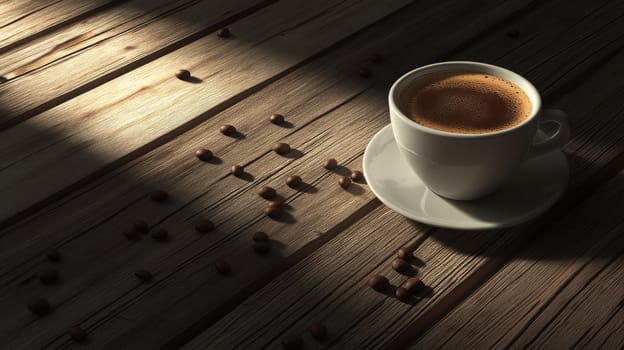 Coffee cup and coffee beans on table, Generative AI, drink