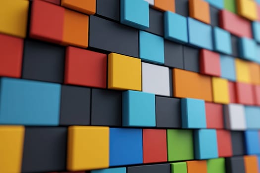 A colorful wall made of blocks of different colors. The blocks are arranged in a way that creates a pattern. The wall is made of different colors, including red, blue, yellow, and green