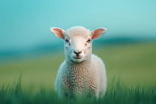 A baby sheep is standing in a field of grass. The sheep is looking at the camera with a curious expression. Concept of innocence and curiosity, as the baby sheep seems to be exploring its surroundings