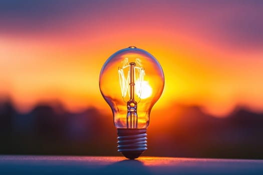 A light bulb is lit up in front of a sunset. The light bulb is the only source of light in the scene