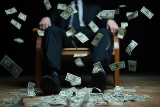 A man in a suit is sitting in a chair with a pile of money falling around him. Concept of wealth and success, as well as the idea of abundance and prosperity