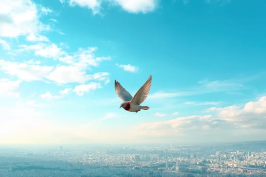 A bird is flying in the sky above a city. The sky is blue and there are some clouds. The bird is flying high in the sky and it looks like it is enjoying the view