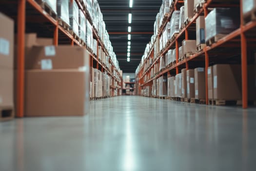 A warehouse with a lot of boxes stacked on shelves. The boxes are mostly cardboard and are in various sizes. The warehouse is very large and has a lot of empty space
