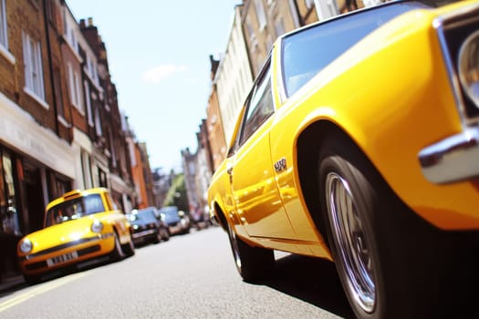A yellow car is driving down a street with other cars in the background. The car is in the foreground and is the main focus of the image