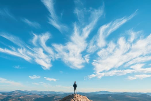 A person stands on a mountain top, looking out at the blue sky. The clouds are scattered and the sky is clear, creating a peaceful and serene atmosphere