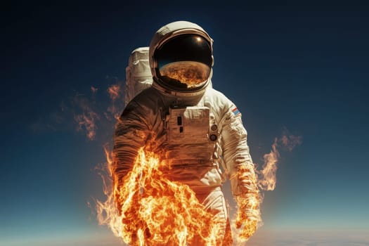A man in a space suit is surrounded by flames. Concept of danger and destruction, as the man is in the midst of a fiery explosion. The bright orange flames and the man's suit create a stark contrast