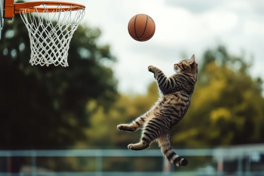 A cat is jumping up to catch a basketball. The image has a playful and lighthearted mood, as it is not a typical scene to see a cat playing basketball