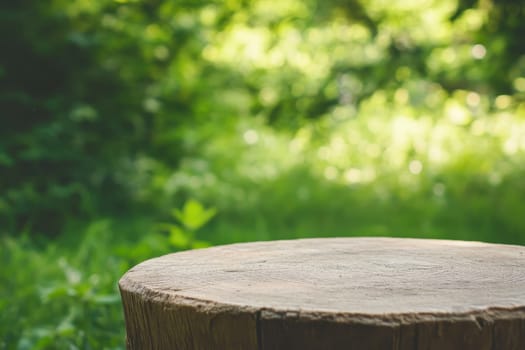 A large tree stump sits in a lush green field. The stump is surrounded by grass and leaves, giving it a natural and peaceful appearance. Concept of tranquility and harmony with nature