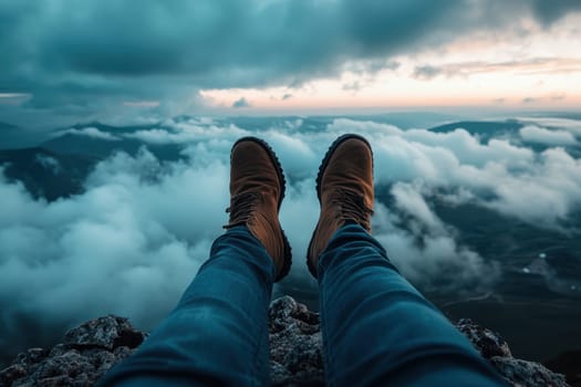 A person is laying on their back on a mountain top with their feet in the air. The sky is cloudy and the person is wearing boots