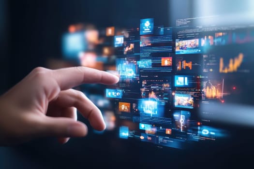 A hand is touching a screen with a lot of different images on it. The images are all different sizes and colors, and they seem to be moving around. Scene is one of excitement and curiosity