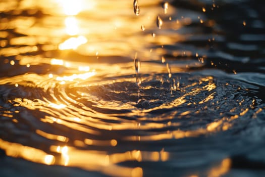 A drop of water falling into a body of water. The water is calm and still, with the sun shining on it